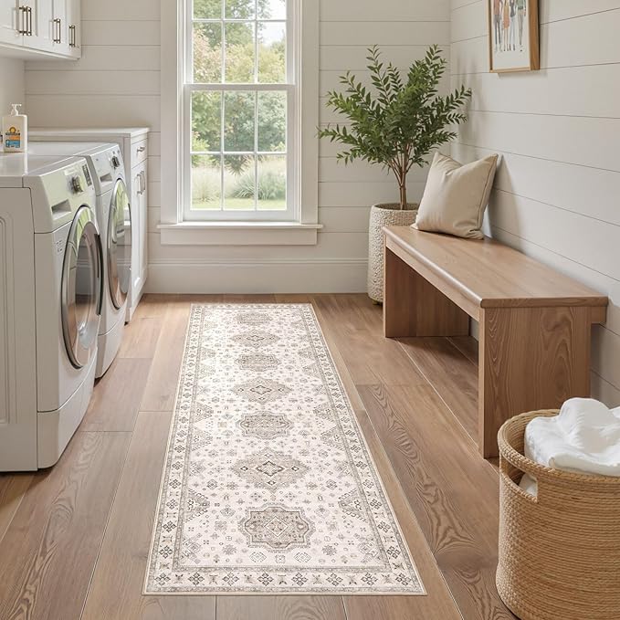 Washable 2x6 Runner Rug - Area Rugs Neutral Vintage Distressed Floral Farmhouse Boho Large Soft Floor Rug Indoor Carpet for Hallway Entryway Bedroom Kitchen - Beige Brown