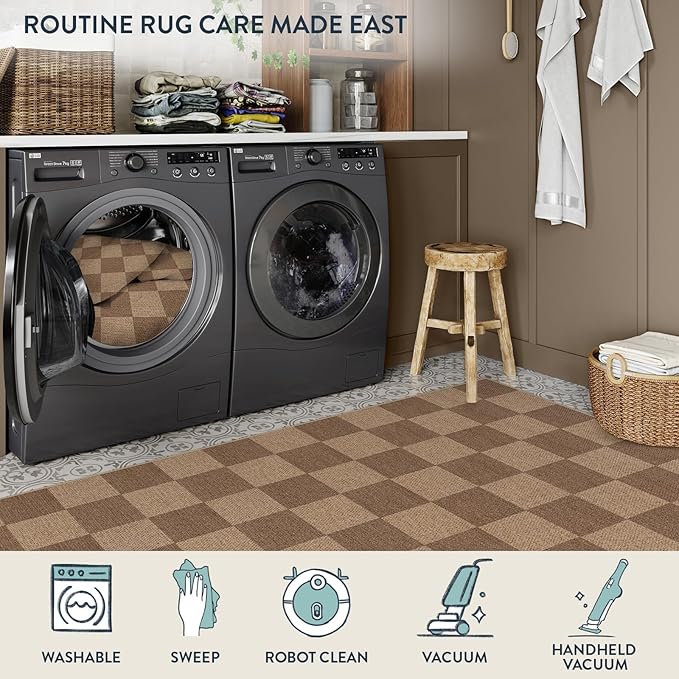 Lahome Checkered Easy Jute Living Room Rugs, 5x7 Large Dining Room Office Carpet Farmhouse Washable Area Rug, Checkerboard Neutral Non Slip Indoor Outdoor Carpet for Bedroom Entry Patio