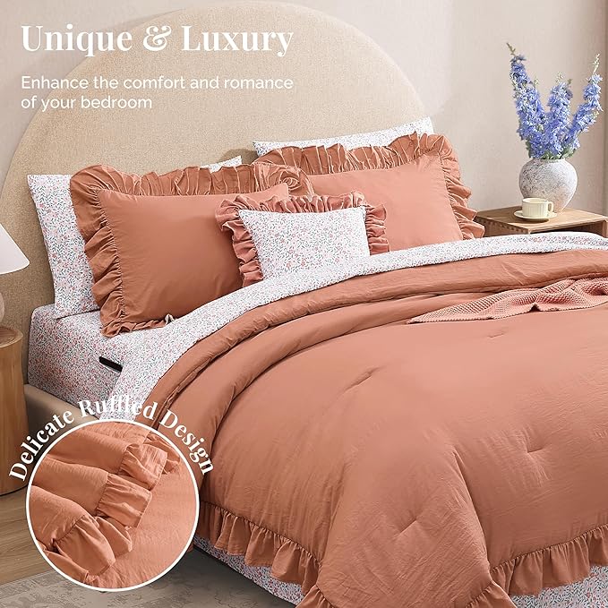 Full Comforter Set - 7 Pieces Ruffle Autumn Leaf Bedding Sets, Shabby Chic Farmhouse Bed in a Bag Full with Ruffle Comforter, Floral Sheets, Pillowcases & Shams