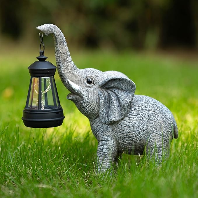 Solar Garden Statue Lights Elephants Figurine with Solar Lantern, Outdoor Yard Decorations for Patio Porch Home, Christmas Elephant Gifts for Women - Unique Housewarming Gifts