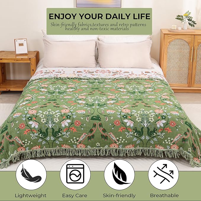 Boho Ultra Soft Throw Blanket 60''x80',100% Cotton Blankets for Couch Bed,Squirrel Farmhouse Home Decor Bed Blankets, All Season Rustic Reversible Bohemian Lightweight Throw for Bed -Light Green ﻿