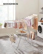 SONGMICS Clothes Drying Rack, Foldable 2-Level Laundry Drying Rack, Free-Standing Laundry Airer, with Height-Adjustable Wings, 33 Drying Rails, Sock Clips, Silver and White ULLR053W01V1