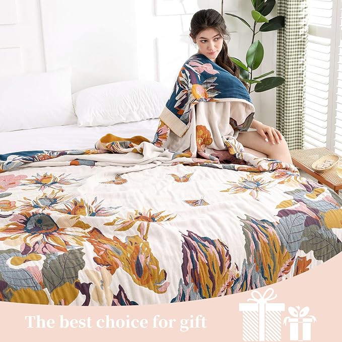 Boho Throw Blanket for Bed - 100% Pure Cotton Ultra Soft Rustic Quilt - Farmhouse Decor Bed Blankets, All Season Rustic Throw for Sofa Couch Chair(60"×80", Floral)
