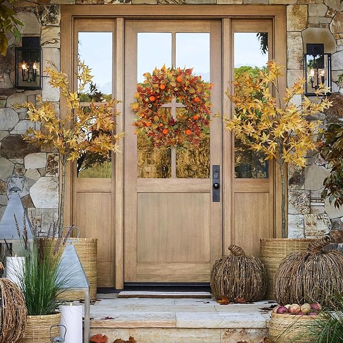 22 inch Artificial Fall Wreaths for Front Door,Autumn Wreath with Pumpkin and Maple Leaves Suitable for Indoor Outdoor Wall Porch Harvest Festival Thanksgiving Day Farmhouse Holiday Decor.