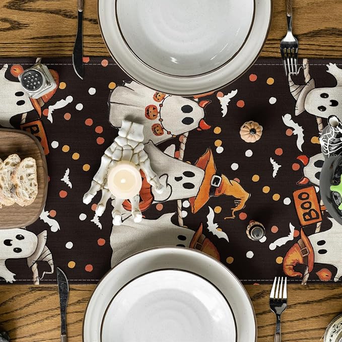 Artoid Mode Ghost Jack-O'-Lantern Black Cat Halloween Table Runner,Holiday Kitchen Dining Table Decoration for Home Party Decor 13 x 72 Inch