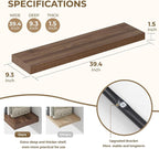 Dreamland 40 Inches Floating Shelves for Wall, 9.3" Deep Long Floating Shelves Set of 2, Large Display & Storage Shelf, Wall Shelf for Bathroom Bedroom Living Room Kitchen Office, Walnut
