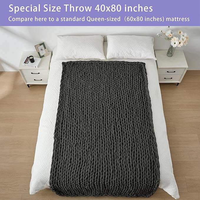 Bigacogo Chunky Knit Throw Blanket for Couch, 40x80 inches, 100% Hand Knitted with Thick Jumbo Chenille Yarn, Cozy Soft Large Rope Knot Cable Crochet Blankets for Sofa Bed Living Room, Dark Grey