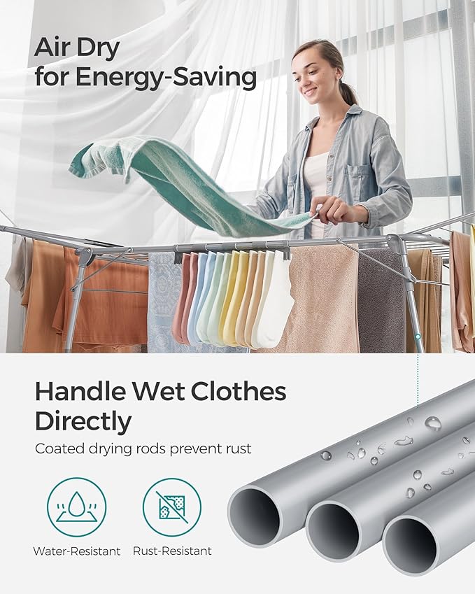 SONGMICS Clothes Drying Rack Foldable, Gullwing Laundry Drying Rack, Space-Saving, 22.2 x 68.1 x 38 Inches, Sock Clips, Metal Structure, for Clothes, Towels, Linens, Indoor, Outdoor Gray ULLR518G01