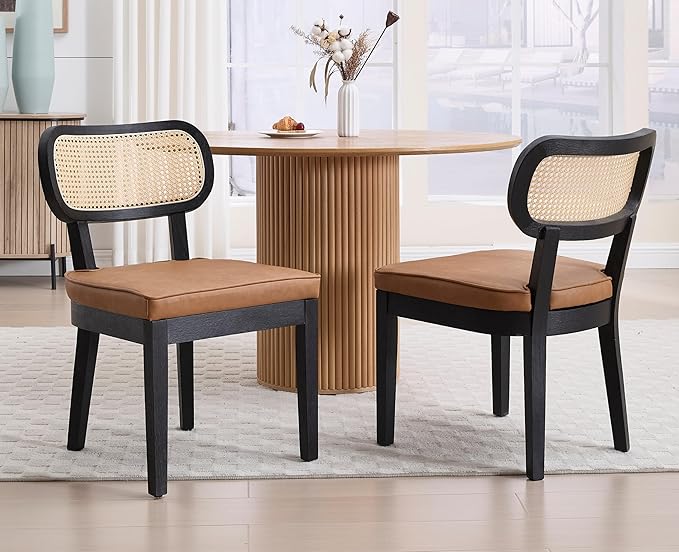 Mid Century Modern Rattan Dining Chairs Set of 2 - Black Wood & Leather