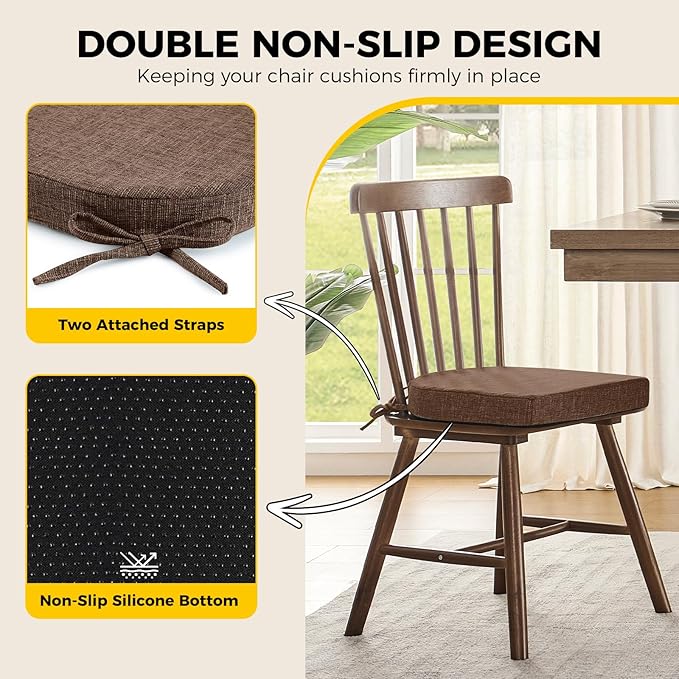 downluxe Indoor Chair Cushions for Dining Chairs, Soft and Comfortable Textured Foam Kitchen Chair Pads with Ties and Non-Slip Backing, 16" x 16" x 2", Brown, 6 Pack