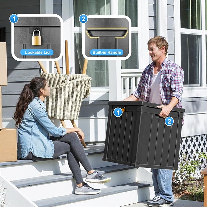 50 Gallon Resin Deck Box, Lockable Outdoor Storage Box for Patio Cushions Storage Furniture,Garden Tools, Pool Supplies, Weatherproof and UV Resistant（Black）