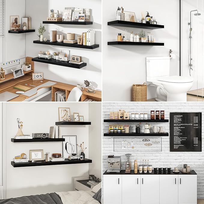 RICHFOCUS 40Inch Floating Shelves for Wall 2 Pack Shelves for Bedroom|Kitchen|Bathroom Wall Mounted Rustic Wood Floating Shelf with Invisible Brackets for Books|Storage|Decor, Black