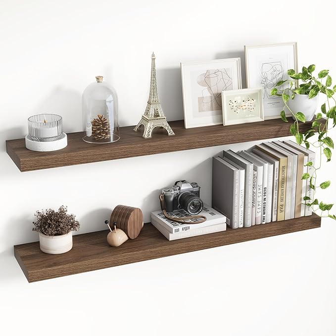40 Inch Floating Shelves, 8 Inch Deep Floating Shelves for Wall, Hanging Shelf with Invisible Brackets, Deep Shelves for Bathroom, Bedroom, Living Room, Walnut, Set of 2
