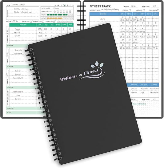 Wellness Planner & Fitness Log - Daily Diet & Health Journal with Weight Loss, Wellness Journal Notebook for Tracking Fitness, Sleep, Nutrition, Meal, Habits, A5(5.8 x 8.6 inch) (Black Silvery)