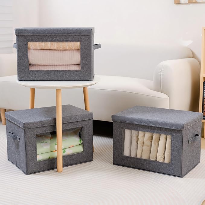 Citylife 3-Pack Collapsible Storage Bins with Lids, Linen Fabric Foldable Storage Boxes, Cube Closet Organization for Clothes, Blankets and Books, Gray