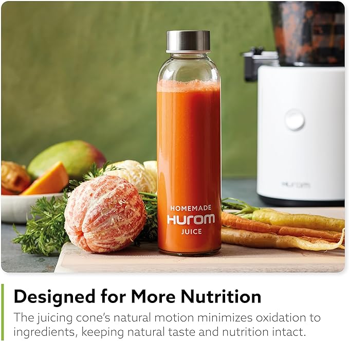 Hurom H320 Cold Press Juicer Machine, Easy to Clean Masticating Slow Juicer, Coarse Strainers, Self-Feeding, Hands Free, Family Size, Quiet Motor, Easy Assembly (White)