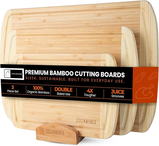 Bamboo Cutting Board Set – Charcuterie & Chopping Boards for Kitchen, Large & Small Sizes, Safe Cutting Boards for Meat, Cheese, Pizza – Home & Kitchen Gift Idea