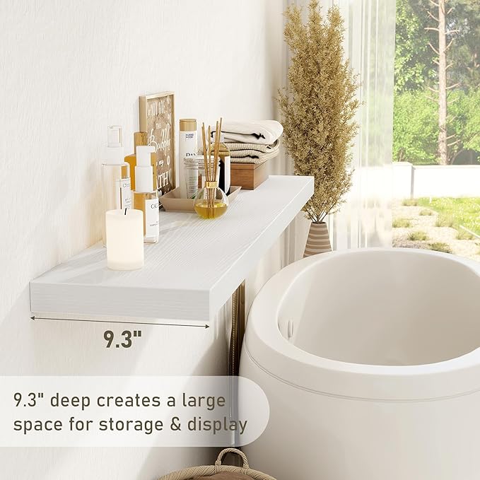 Fun Memories 55 Inch Floating Shelves for Wall 2 Pack Shelves for Bedroom|Kitchen|Bathroom 55 x 9.3 Inch Wood Floating Shelf with Invisible Brackets for Books|Storage|Decor, White