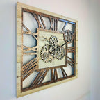 The Gears Clock 24'' Inch Square Real Moving Gear Wall Clock Vintage Industrial Oversized Rustic Farmhouse (Desert Beige)