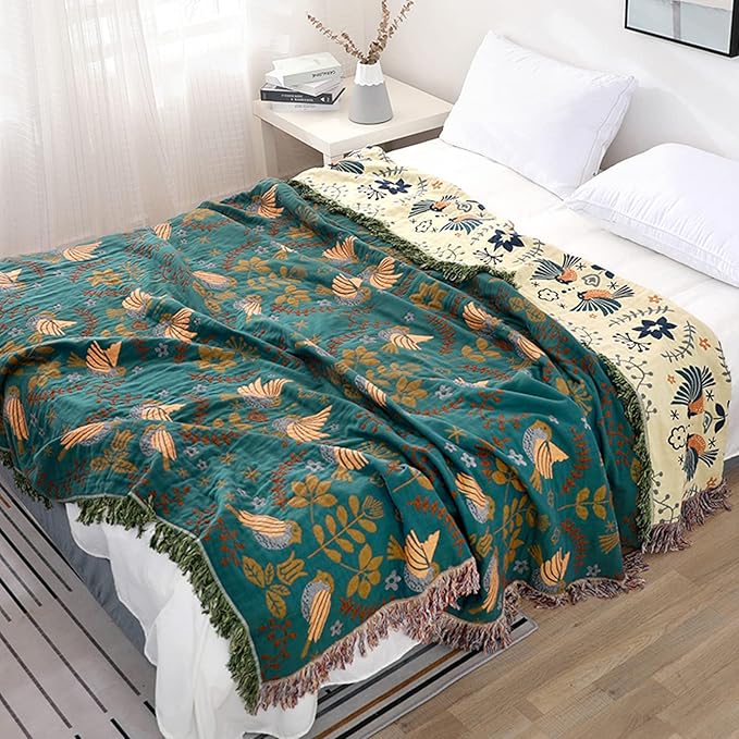 Bed Blankets Versatile Fall Throw Blanket,Boho Blanket & Organic Cotton Throw Blanket,Perfect for Beds,Couches,Chairs,& Vintage Décor,Featuring Unique Bird & Flower Patterns