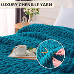 L'AGRATY Chunky Knit Blanket Throw: 60''x80'' Chenille Chunky Knitted Throw Blanket for Bed Couch - Handmade Thick Big Cable Knit Blanket - Large Crochet Rope Blanket for Home Decor(Teal)