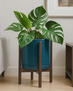 D'vine Dev Ceramic Planter with Walnut Color Stand - 12 Inch Modern Round Flower Pot with Wood Planter Holder, Teal, 55-B-W-4