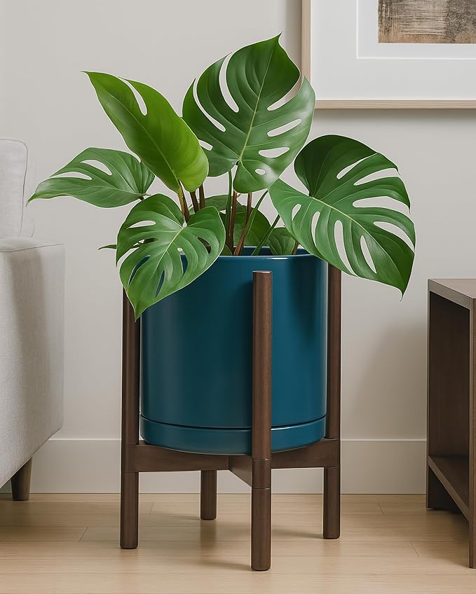 D'vine Dev Ceramic Planter with Walnut Color Stand - 12 Inch Modern Round Flower Pot with Wood Planter Holder, Teal, 55-B-W-4