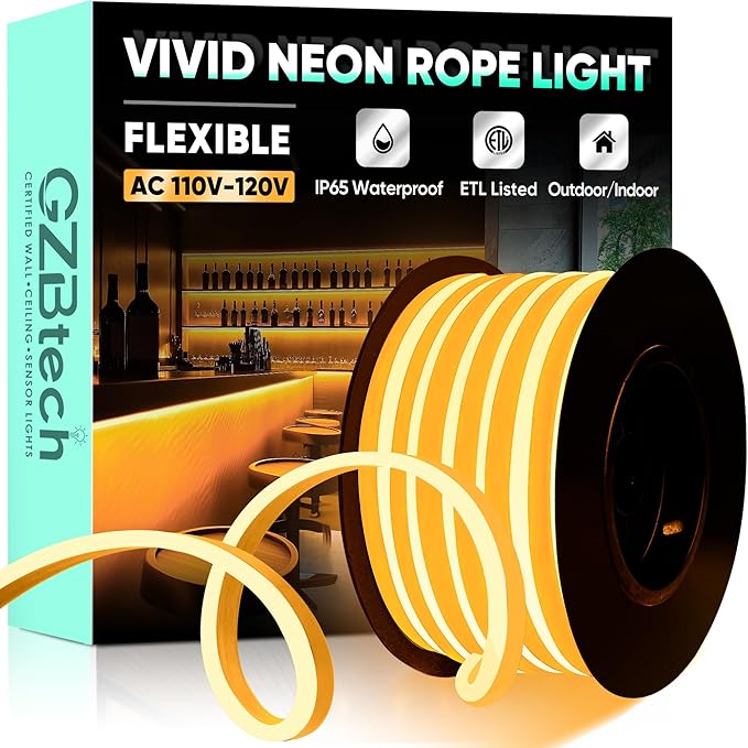 GZBtech Flexible LED Neon Rope Lights 33FT,AC 110-120V Waterproof Strip Light, 120 LEDs/M Cuttable Connectable Neon Lighting for Indoor Outdoor Home Decor/Commercial Building Use-Amber 10M