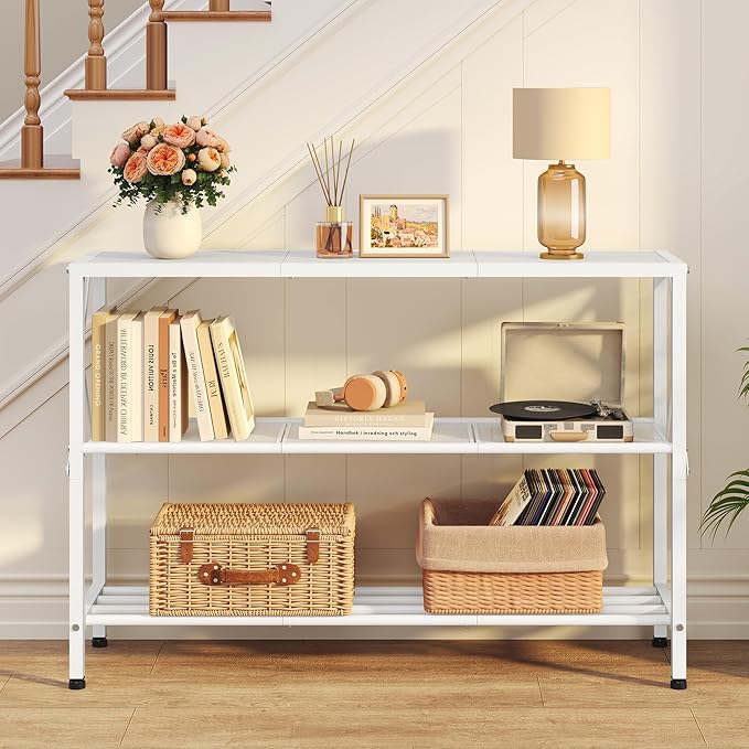 Hoctieon White Industrial Console Table, 3 Tier Entryway Tables, Hallway Desk, Narrow Sofa Tables with Shelves, Entrance Table for Entryway, Living Room, Foyer, Hallway, Office, White