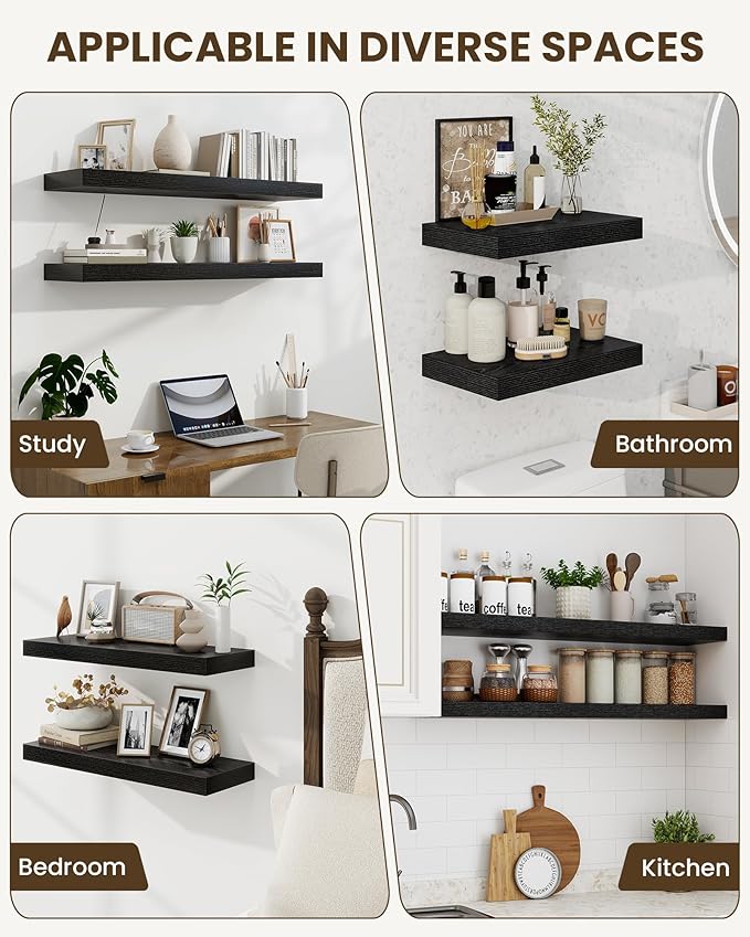 Marsmiles 30" Floating Shelves for Wall, Wooden Shelves with Invisible Brackets Set of 2, Rustic Farmhouse Wall Mounted Shelf for Kitchen Bathroom Living Room Study, Black