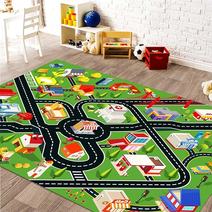 Kids Rug Car Rugs for Kids Toy Cars Play Mat with Rubber Backing City Life Road Rug for Cars Fun City Map for Carpet for Bedroom Boys (RED-Rug, 6.6x9.8ft)