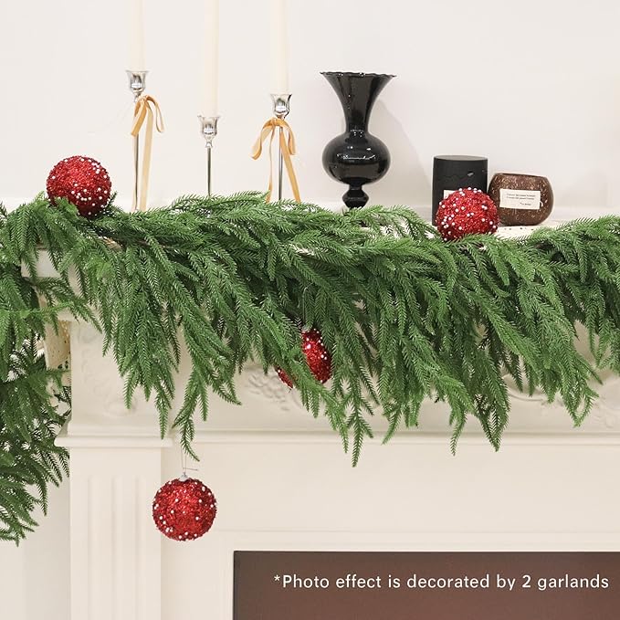 Senjie 6FT 2PCS Christmas Garlands Norfolk Pine Garland Real Touch Artificial Faux Greenery Garland for Holiday Indoor Outdoor Decor