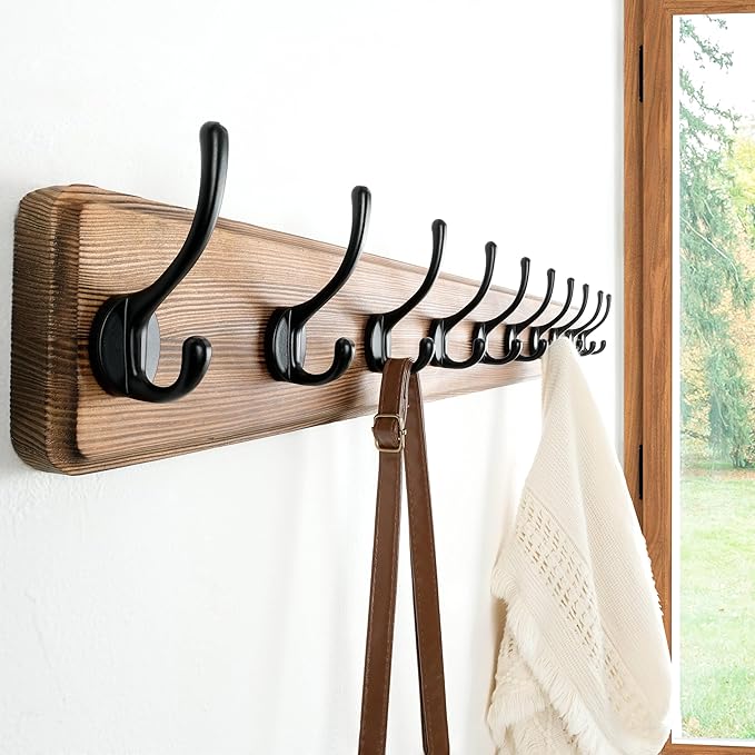 Dseap Wall Mounted Coat Rack: 38-1/4" Long, Patented, Heavy-Duty, 10-Double-Hooks Wooden Hanger Rail for Winter Coats, Hats, Jackets, Clothing - Natural & Black, Pack of 2