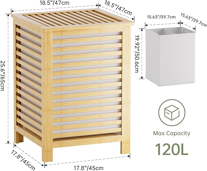 SMIBUY Double Laundry Hamper with Lid, 120L Bamboo Laundry Basket with Removable Liner Bag, 2-Section Clothes Divider Laundry Sorter for Laundry Room, Bathroom, Bedroom (Natural)