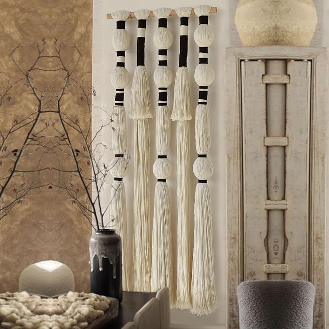 Macrame Wall Hanging Tassels Sphericity Cotton Textile Hanging Geometric Yarn Wall Art for Bedroom Living Room Decor 15.7" W x 39" L