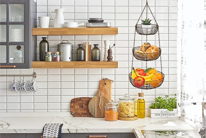 CAXXA 3-Tier Hanging Basket Fruit Organizer Kitchen Heavy Duty Wire Organizer with 2 Free Bonus Metal Ceiling Hooks(Bronze)