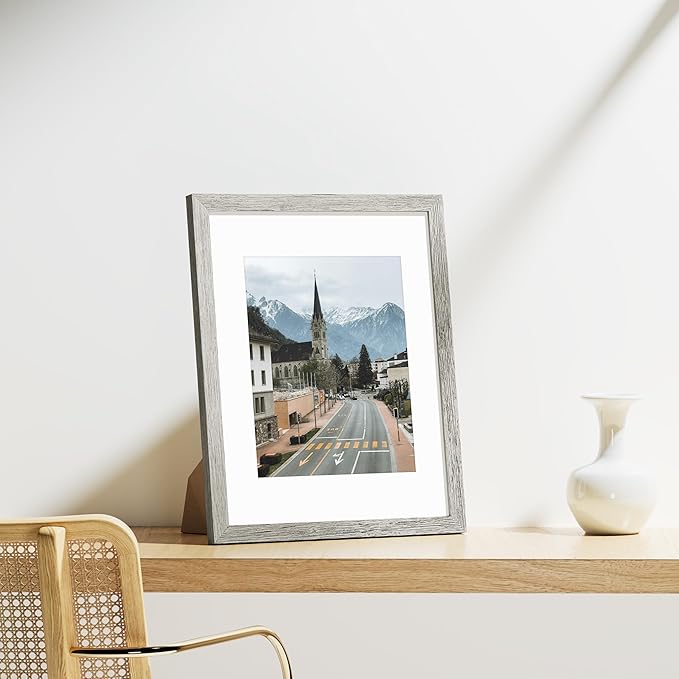 Vittanly 11x14 Picture Frames Set of 9, Shatter Resistant Plexiglass, Display 8x10 Pictures with Mat or 11x14 without Mat, Photo Frames for Wall or Tabletop, Engineered Wood, Grey