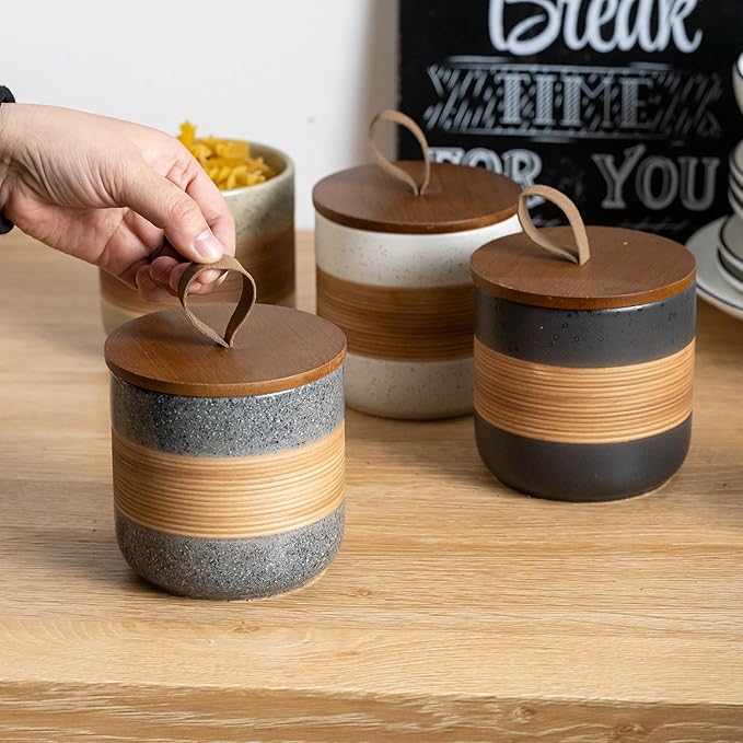 Ceramic Jar with Lid Airtight, Coffee Container Kitchen Food Storage Jars for Spice Sugar Tea Bag, Stackable Decorative Jars for Countertop, Grey & 18oz