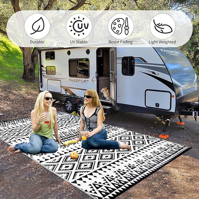 Waterproof Outdoor Rug 6x9ft, Bohemia Reversible Plastic Straw Mat for Patio RV Deck Porch Backyard Balcony Camping Picnic Beach Indoor Outdoor Carpet, Black&White