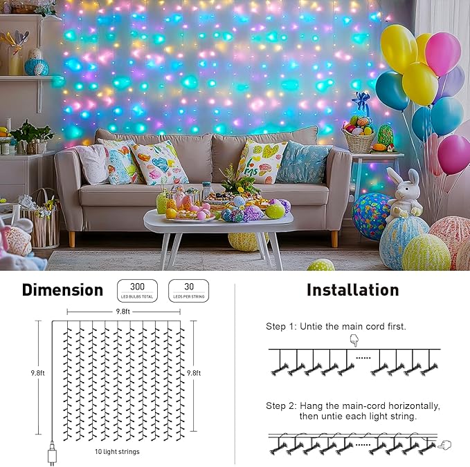 JMEXSUSS 300LED Easter Decorations Curtain Lights with Remote, 9.8x9.8ft Easter Sting Lights Plug in for Bedroom Wall Window Party Backdrop Porch Patio Garden Yard Indoor Outdoor Decor
