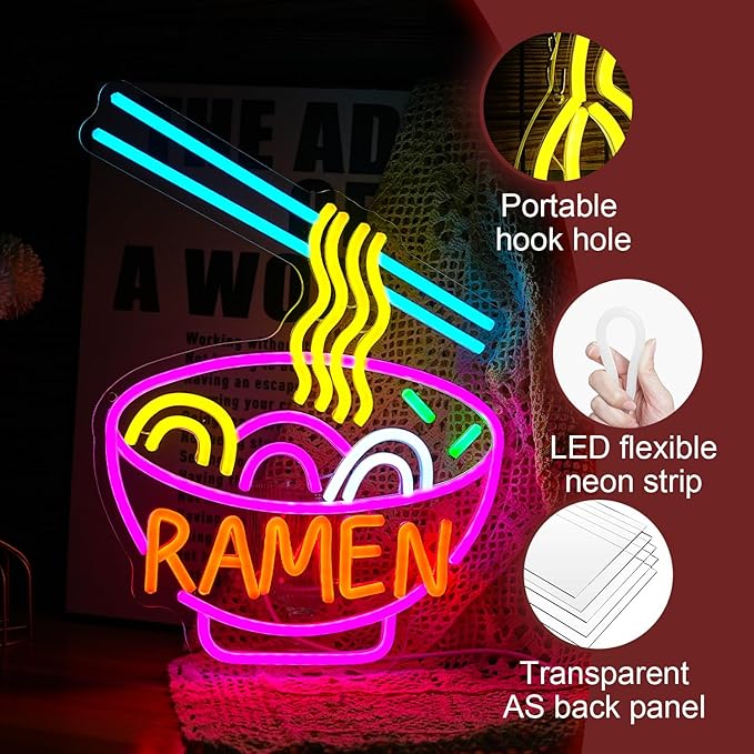 Ramen Neon Sign Dimmable LED Ramen Neon Light for Wall Decor Delicious Noodle Light Up Sign for Ramen Shop Resturant Dinning Room Kitchen (12"*15.5"USB)