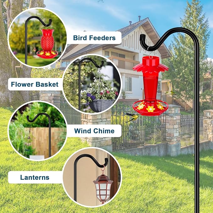 Gtongoko Tall Shepherds Hook for Outdoor, 108 Inch Bird Feeder Pole with 7 Prongs Base, 3/4 Inch Thick Heavy Duty Adjustable Garden Hook for Hanging Plant, Lantern, Hummingbird Feeder, 1 Pack