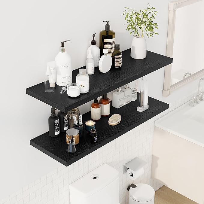 40" Floating Shelves for Wall, 12" Deep Slim Black Floating Shelves, Wall-Mounted Shelves for Bedroom, Living Room, Kitchen, Bathroom - Set of 2