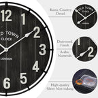 Large Old Town Farmhouse Wall Clock – 24 Inches Rustic Antique Wood with Metal Circle and Large Numerals, Silent Battery Operated Clock for Office, Kitchen, Bedroom, Living Room (Black)