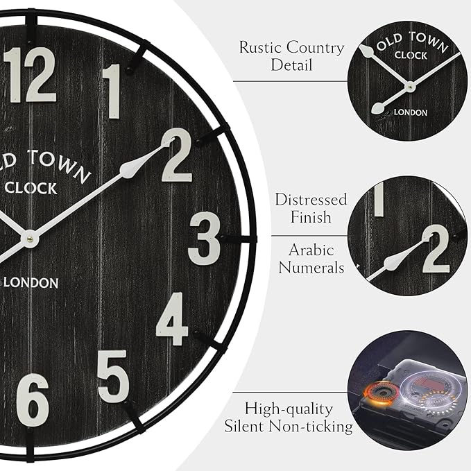 Large Old Town Farmhouse Wall Clock – 24 Inches Rustic Antique Wood with Metal Circle and Large Numerals, Silent Battery Operated Clock for Office, Kitchen, Bedroom, Living Room (Black)