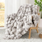 Touchat Luxury 1000GSM Faux Rabbit Fur Throw Blanket, Super Heavy Warm Cozy Grey Blankets for Couch Bed Sofa, Ruched Plush Fuzzy Elegant Soft Reversible Mink Blanket for Living Room Bedroom