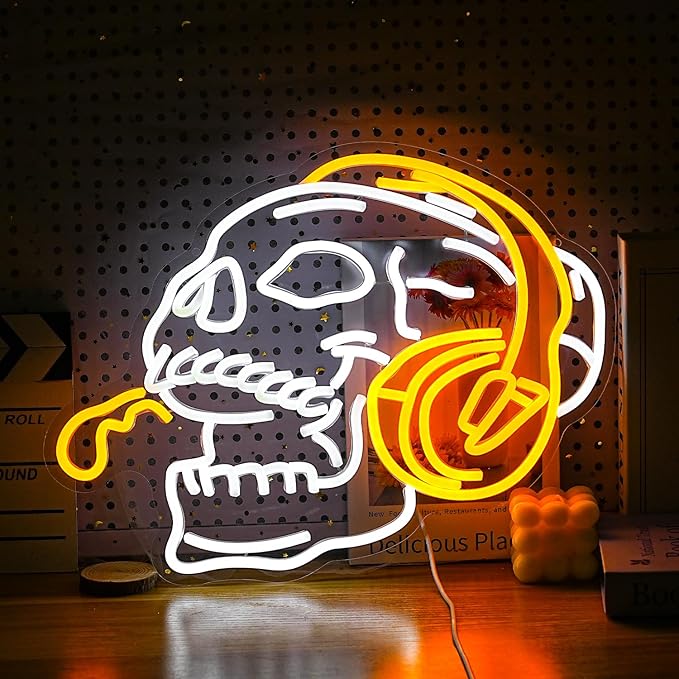 Skull Headphone Neon Sign Headphone Neon Light for Wall Decor LED Dimmable USB Skull Light Up Sign for Halloween Party Game Room Personalized Gifts(12.6 * 16.5In)