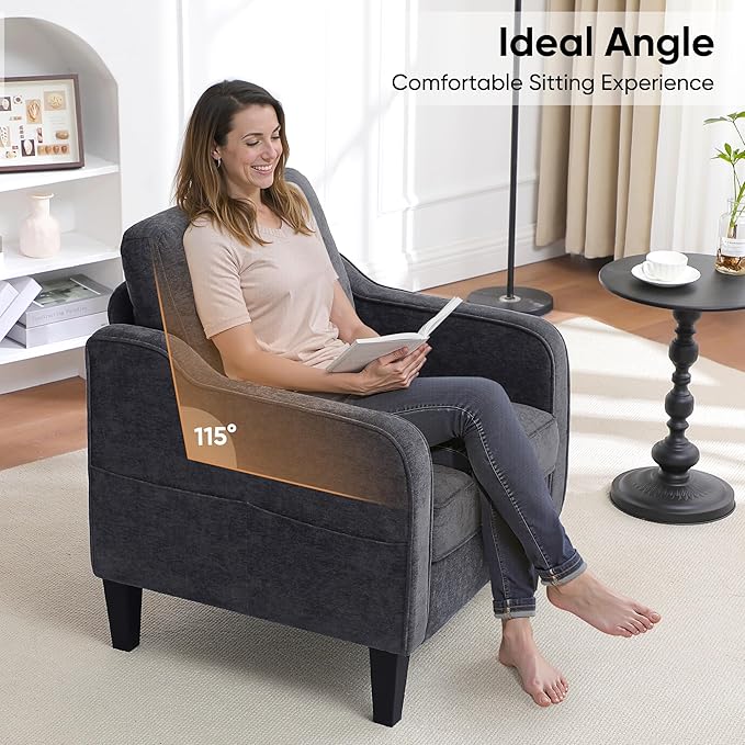 Accent Chair for Living Room, Mid Century Modern Reading Chair for Bedroom, Upholstered Armchair with Side Pockets, Comfy Single Sofa Side Chair for Office, Apartment, Small Room, Dark Grey