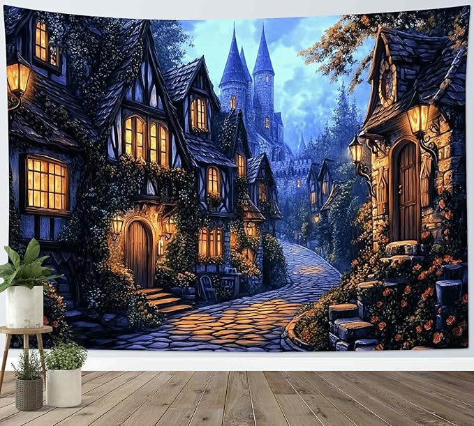 LB Vintage Castle Tapestry, Night Street Old House and Green Tree Wall Tapestry for Bedroom Aesthetic, Village Gothic Wall Art for Living Room Dorm Home Decor Ready to Hanging, 92.5 x 70.9 Inches