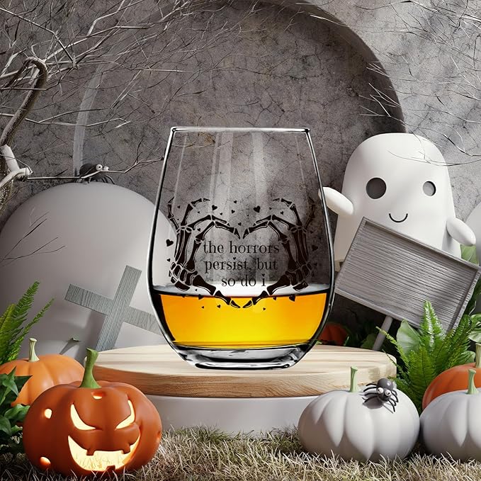 The Horrors Persist But So Do I Wine Glass,Skeleton Heart Hands,Funny Halloween&Valentine's Day Wine Glass,15oz